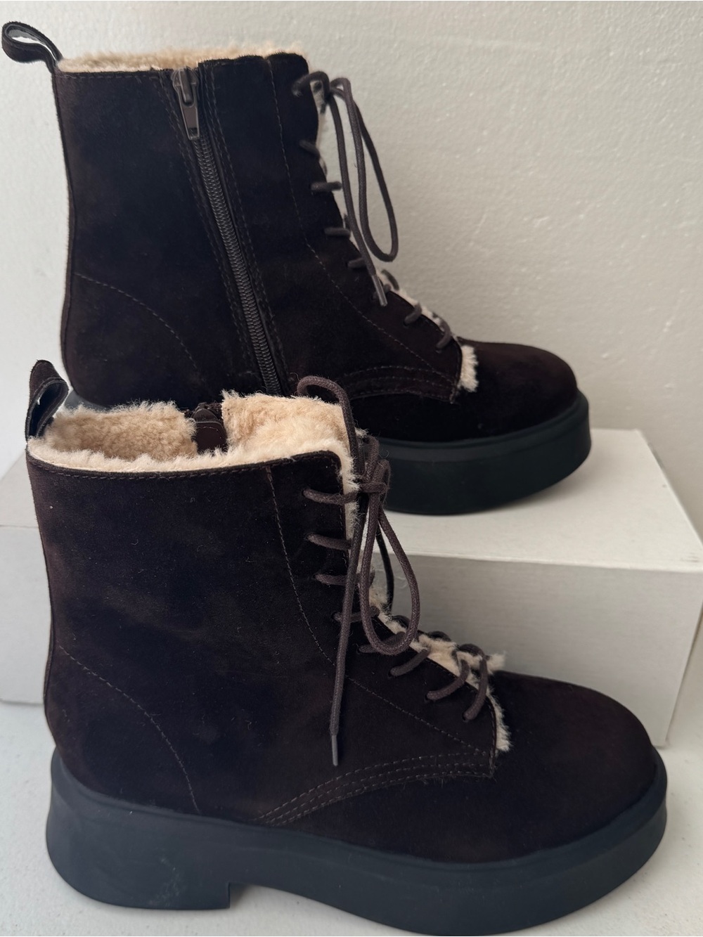 Steve Madden Jazmin faux fur-lined suede lace-up side zip combat boots Size 8.5